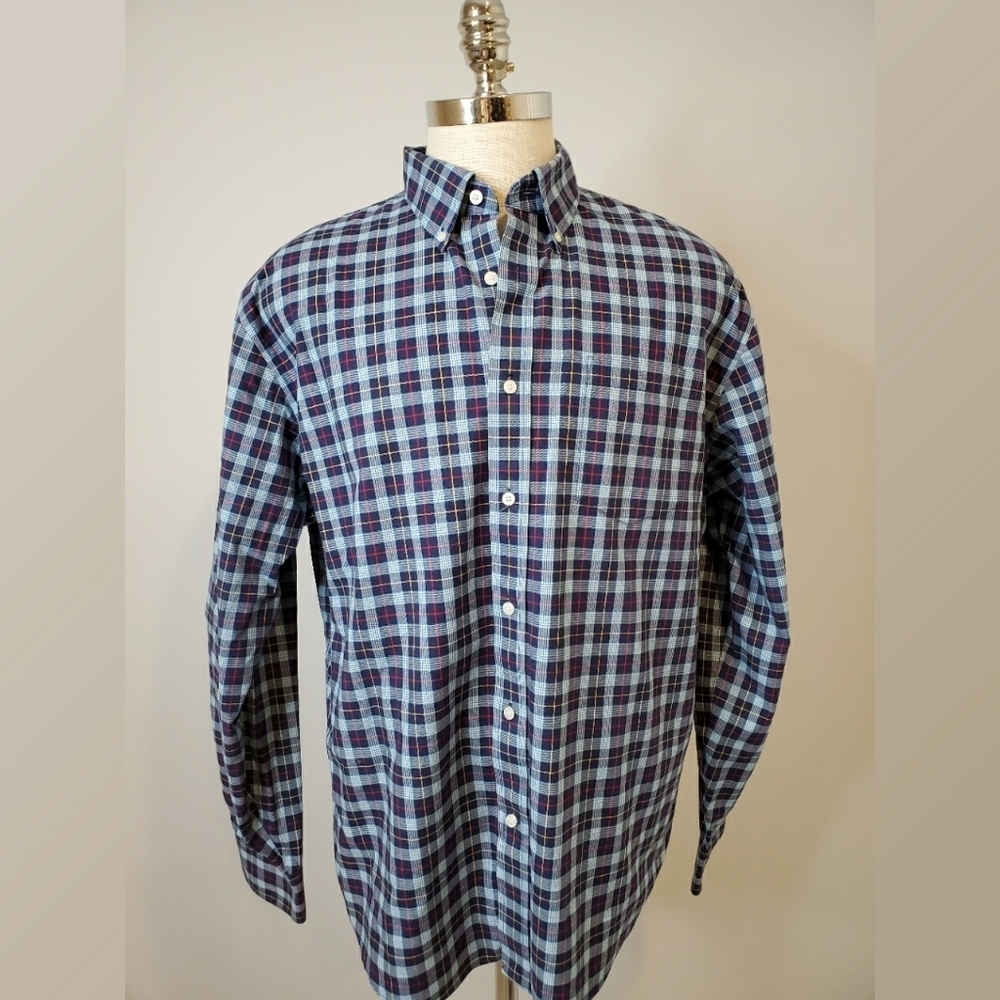 Lands End Blue Plaid Shirt Traditional Fit Size XL